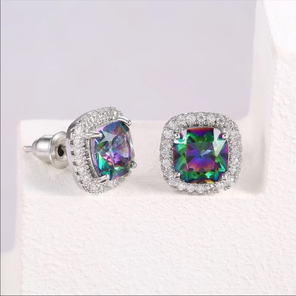 New Rainbow Square Cut Unisex Diamond Earrings - Picture 4 of 6